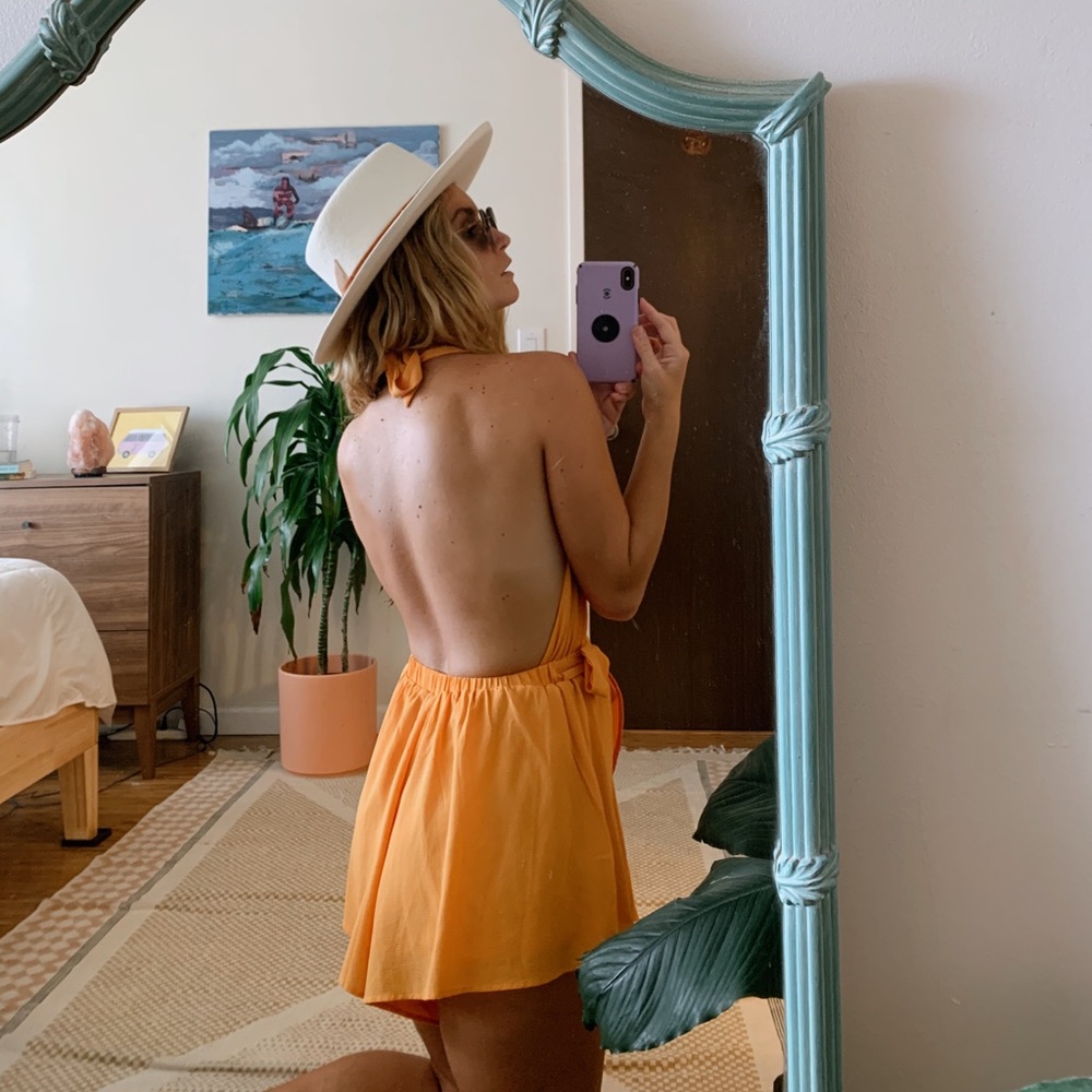 Fashion Nova Orange Deep V Romper with Open Back